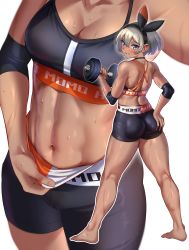 1girl abs absurdres ass ass_grab bare_legs barefoot bea_(pokemon) bike_shorts black_choker black_hairband black_shorts blue_eyes blush breasts choker cleavage creatures_(company) dark-skinned_female dark_skin dumbbell elbow_pads exercising from_behind game_freak grabbing_own_ass grey_hair hairband head_out_of_frame highres looking_at_viewer looking_back medium_breasts multiple_views muscular muscular_female navel nintendo parted_lips pokemon pokemon_swsh selfie short_hair shorts simple_background skindentation smile sports_bra stomach sweat toin_(iitoin) weightlifting white_background rating:Sensitive score:213 user:danbooru