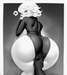  1girl ass ass_focus bare_legs blush butt_crack cameltoe cleft_of_venus dress grabbing grabbing_from_behind greyscale highres huge_ass looking_at_another looking_at_viewer meme meme_attire monochrome one-punch_man shiny_skin skindentation solo sweat tatsumaki wide_hips windmill_(artist) 