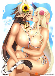  10s 2girls alternate_hair_length alternate_hairstyle animal_ears animal_print artist_name bell bikini blacksaikou blonde_hair bracelet breast_press breasts brown_hair cathyl collar commentary cow_horns cow_print cow_tail cowbell dark-skinned_female dark_skin english_commentary eye_contact female_focus flower french_kiss hair_flower hair_ornament hand_on_another&#039;s_head horns huge_breasts jewelry kiss leg_grab long_hair looking_at_another micro_bikini monster_girl monster_musume_no_iru_nichijou multicolored_hair multiple_girls neck_bell oni_horns patreon_username pointy_ears red_eyes saliva side-tie_bikini_bottom single_horn slingshot_swimsuit sunflower sunflower_hair_ornament sweat swimsuit symmetrical_docking tail tionishia tongue tongue_out two-tone_hair very_long_hair watermark web_address yellow_eyes yuri  rating:Questionable score:112 user:danbooru
