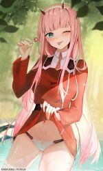 1girl :p absurdres blush breasts candy clothes_lift cowboy_shot darling_in_the_franxx dress dress_lift duplicate food forest green_eyes hair_over_breasts hairband highres holding holding_candy holding_food holding_lollipop horns kana_yukino lake lifting_own_clothes lollipop long_hair long_sleeves looking_at_viewer medium_breasts military military_uniform misty_lake nature navel necktie one_eye_closed orange_necktie outdoors panties partially_submerged pink_hair red_dress red_horns smile solo straight_hair tongue tongue_out underwear uniform very_long_hair wet wet_clothes white_hairband white_panties zero_two_(darling_in_the_franxx)
