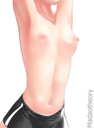  1girl armpits arms_up blush breasts head_out_of_frame madaotheory navel nipples original self-upload shiny_skin short_hair short_shorts shorts small_breasts solo topless  rating:Questionable score:469 user:MADAOTHEORY