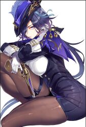  1girl adjusting_hair black_corset blue_hair breasts brown_pantyhose clorinde_(genshin_impact) corset dark_blue_hair elbow_gloves epaulettes fold-over_gloves framed_breasts genshin_impact gloves gun hair_over_one_eye hat hat_feather highres holding holding_gun holding_weapon large_breasts long_hair looking_at_viewer multicolored_hair pantyhose purple_eyes purple_hat shirt sitting solo streaked_hair takena-c taut_clothes taut_shirt thigh_strap thighs tricorne weapon white_background white_gloves white_shirt 