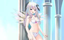 1girl angel angel_girl arial_yuriko belly blush bow bra breasts commission feathers hair_ornament halo highres jewelry kiniro_tofu knee_up knees_up leaning_back leaning_on_object looking_at_viewer multicolored_eyes multicolored_hair navel open_mouth panties pillar pink_ribon ribbon smile solo teeth underwear underwear_only upper_teeth_only virtual_youtuber vreverie wallpaper white_bra white_panties wings