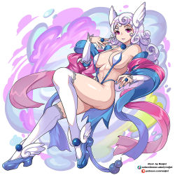 1girl ass blue_footwear blue_nails breasts choker cleavage cloud_hair creatures_(company) detached_sleeves dragonair full_body game_freak gen_1_pokemon high_heels horns jewelry large_breasts lipstick long_hair looking_at_viewer magical_girl makeup nail_polish navel nintendo personification pink_eyes pokemon redjet ring simple_background single_horn slingshot_swimsuit smile solo swimsuit tail thighhighs thighs watermark web_address white_background white_hair white_thighhighs rating:Sensitive score:47 user:danbooru