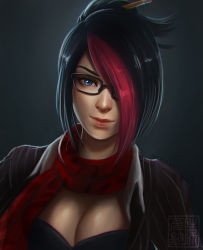  1girl alternate_costume bad_deviantart_id bad_id black_hair blue_eyes breasts cleavage eyebrows fiora_(league_of_legends) folded_ponytail glasses hair_ornament hair_over_one_eye hair_stick headmistress_fiora koyorin large_breasts league_of_legends lips multicolored_hair nose pencil realistic red_hair scarf short_hair solo streaked_hair teacher two-tone_hair  rating:Sensitive score:78 user:danbooru