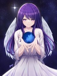  1girl angel_wings artist_name closed_mouth collarbone commentary cowboy_shot dress gaerp4 hair_between_eyes highres hoshino_ai_(oshi_no_ko) long_hair oshi_no_ko purple_eyes purple_hair sidelocks sky sleeves_past_elbows solo star-shaped_pupils star_(sky) star_(symbol) starry_sky symbol-shaped_pupils white_dress wings  rating:General score:4 user:danbooru