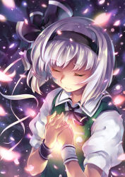  1girl bandaid bandaid_on_face blue_background commentary_request expressionless eyelashes closed_eyes glowing green_vest hair_ribbon hands_on_own_chest head_tilt konpaku_youmu neck_ribbon petals puffy_short_sleeves puffy_sleeves ribbon shirt short_hair short_sleeves silver_hair soine solo thick_eyebrows touhou upper_body vest white_shirt wrist_cuffs 