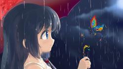  1girl abstract absurdres black_hair blue_eyes blush closed_mouth cloud cloudy_sky colorful day fairy from_side highres long_hair mianbaoshi_mengxiang original outdoors profile rain sky smile solo umbrella  rating:Sensitive score:2 user:danbooru