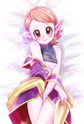  10s 1girl areola_slip breasts chronoa colored_skin dragon_ball dragon_ball_heroes earrings artistic_error highres jewelry looking_at_viewer pink_hair pink_skin pointy_ears pomeranianko potara_earrings red_eyes short_hair smile solo sparkle supreme_kai_of_time underboob wrong_hand 