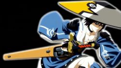  1girl arc_system_works black_hair breasts cleavage hard_corps:_uprising hat japanese_clothes konami sayuri_(hard_corps) sword weapon 