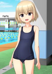 1girl absurdres bad_id bad_twitter_id blonde_hair blue_eyes blue_one-piece_swimsuit blue_sky cloud commentary_request contrapposto cowboy_shot day flat_chest girls_und_panzer gluteal_fold highres katyusha_(girls_und_panzer) looking_at_viewer one-piece_swimsuit open_mouth outdoors pool school_uniform short_hair sky solo standing swimsuit takafumi teeth upper_teeth_only rating:Sensitive score:15 user:danbooru