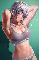 1girl armpits arms_behind_head arms_up bare_arms breasts chainsaw_man closed_mouth commentary copyright_name ear_piercing green_background grey_eyes grey_panties grey_sports_bra hair_over_one_eye hair_tie_in_mouth highres large_breasts looking_away mole mole_on_breast mouth_hold navel panties piercing quanxi_(chainsaw_man) riki_(riki_unc) silver_hair simple_background solo sports_bra stomach tying_hair underwear upper_body rating:Sensitive score:56 user:danbooru