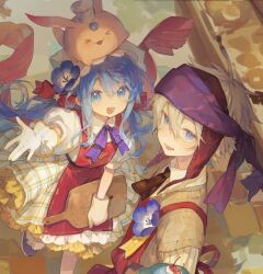 &gt;_&lt; 1boy 1girl :d animal animal_on_head apron ascot bacheally blue_eyes blue_flower blue_hair bow bowtie collared_shirt dress flower food foot_out_of_frame frilled_dress frills gloves hair_between_eyes hair_bow hair_flower hair_ornament hat head_scarf height_difference hero_(merc_storia) high_collar holding leg_up long_hair looking_at_viewer merc_(merc_storia) merc_storia necktie on_head open_mouth plaid plaid_dress puffy_short_sleeves puffy_sleeves purple_ascot purple_bow rabbit rabbit_on_head reaching reaching_towards_viewer red_apron red_bow ribbon scarf shirt short_hair short_sleeves skirt smile standing standing_on_one_leg upper_body white_gloves white_hair white_shirt wing_collar 