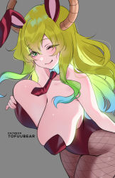 1girl ;) animal_ears blonde_hair breasts brown_pantyhose closed_mouth detached_collar dragon_girl dragon_horns fake_animal_ears fishnet_pantyhose fishnets gradient_hair green_eyes green_hair grey_background highres horns huge_breasts kobayashi-san_chi_no_maidragon leotard long_hair looking_at_viewer lucoa_(maidragon) multicolored_hair necktie one_eye_closed pantyhose patreon_username playboy_bunny rabbit_ears red_necktie simple_background smile solo tofuubear rating:Questionable score:83 user:danbooru