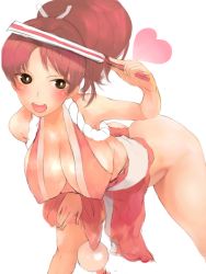  1girl ass blush breasts brown_eyes brown_hair cleavage fatal_fury folding_fan hand_fan hanging_breasts heart kobitonopan large_breasts leaning_forward no_bra ponytail revealing_clothes shiranui_mai snk solo the_king_of_fighters thighs  rating:Questionable score:5 user:PsychoAthena98