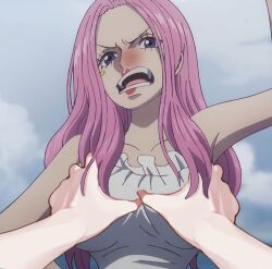 1girl anime_screenshot blush breasts breasts_squeezed_together embarrassed groping jewelry_bonney looking_at_another looking_at_viewer meme one_piece open_mouth piercing pink_hair pov pov_cheek_grabbing_(meme) pov_hands purple_eyes tank_top third-party_edit