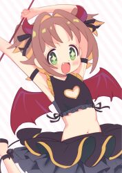  +_+ 1girl :d armpits arms_up bare_arms black_skirt blush brown_hair cleavage_cutout clothing_cutout colored_inner_hair commentary crop_top demon_costume demon_tail demon_wings fang flat_chest frills green_eyes heart_cutout highres horns looking_at_viewer midriff mochitsuki_kagami multicolored_hair navel official_alternate_costume oka_asahi onii-chan_wa_oshimai! open_mouth orange_hair red_horns short_hair simple_background skirt smile solo striped_background tail two-tone_hair white_background wings 