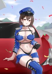  1girl absurdres arm_support azur_lane baltimore_(azur_lane) baltimore_(finish_line_flagbearer)_(azur_lane) bikini black_bikini black_choker black_gloves blue_bikini blue_footwear blue_hat blue_jacket blue_shorts blue_sky blue_sleeves boots braid breasts brown_hair car chest_harness chinese_commentary choker cleavage clothes_writing cloud collarbone commentary_request confetti cropped_jacket day detached_wings french_braid gloves hair_between_eyes harness hat heihei_kmc highleg highleg_bikini highres jacket large_breasts looking_at_viewer micro_shorts mismatched_bikini motor_vehicle navel official_alternate_costume outdoors parted_lips peaked_cap race_queen shadow short_hair shorts sidelocks single_bare_shoulder single_glove single_sleeve sitting sitting_on_car sky solo sports_car stomach swimsuit thigh_boots underbust wings yellow_eyes 