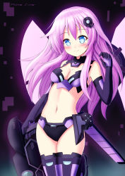  1girl bare_shoulders black_gloves blue_eyes blush breasts character_name choujigen_game_neptune_mk2 cleavage closed_mouth commentary_request crop_top elbow_gloves gloves glowing glowing_wings hair_between_eyes hair_ornament highres holding holding_weapon long_hair medium_breasts navel nepgear neptune_(series) power_symbol power_symbol-shaped_pupils prophosphere purple_hair purple_sister purple_thighhighs smile solo symbol-shaped_pupils thighhighs very_long_hair weapon wings  rating:Sensitive score:7 user:danbooru
