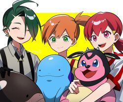 3girls :d ahoge black_necktie border clodsire closed_eyes closed_mouth collared_shirt commentary_request creatures_(company) earrings game_freak gen_2_pokemon genjitsu_o_miro green_eyes green_hair happy highres holding holding_pokemon jewelry long_hair miltank misty_(pokemon) multiple_girls necktie nintendo open_mouth orange_hair outside_border pokemon pokemon_(anime) pokemon_(classic_anime) pokemon_(creature) pokemon_hgss pokemon_masters_ex pokemon_sv quagsire rika_(pokemon) shirt short_sleeves side_ponytail smile stud_earrings suspenders teeth tongue upper_teeth_only white_border whitney_(pokemon) yellow_background yellow_shirt