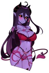  1girl :&gt; ahoge black_sclera blush bow bra breasts cleavage collar collarbone colored_sclera colored_skin demon_girl demon_horns demon_tail elbow_gloves gloves hair_between_eyes halphelt hands_on_own_chest highres horns large_breasts leg_tattoo long_hair looking_at_viewer multicolored_eyes musical_note navel original panties pointy_ears purple_hair purple_skin red_eyes smile solo stomach tail tattoo thighhighs underwear  rating:Sensitive score:34 user:digdog77