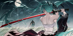  1boy 1girl aqua_hair aqua_nails armor back bare_shoulders breasts crossover dark_souls_(series) dark_souls_iii duplicate earrings fire full_moon hatsune_miku highres holding holding_sword holding_weapon japanese_clothes jewelry katana long_hair medium_breasts moon outdoors qys3 revision sarashi sekiro:_shadows_die_twice soul_of_cinder sword twintails vocaloid weapon wheat_field 
