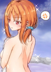  10s 1girl alternate_hairstyle anger_vein angry back backboob breasts looking_at_viewer love_live! love_live!_sunshine!! medium_breasts night night_sky nude orange_hair outdoors parted_lips partially_submerged pink_eyes ponytail raikahnum rock short_hair sky solo sparkle spoken_anger_vein standing star_(sky) starry_sky takami_chika towel upper_body water wet 