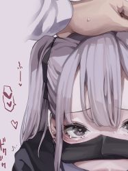  1boy 1girl black_mask black_ribbon blush commentary_request earrings fake_scrollbar grey_background grey_hair hand_on_another&#039;s_head heart heart-shaped_pupils hetero highres implied_fellatio jewelry koh_(minagi_kou) long_hair looking_at_viewer mask mask_lift mouth_mask one_side_up original purple_eyes ribbon simple_background solo_focus sweatdrop symbol-shaped_pupils 