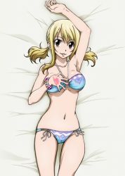  1girl :3 bed bikini blonde_hair brown_eyes fairy_tail hand_on_own_chest looking_at_viewer lucy_heartfilia lying navel on_back side-tie_bikini_bottom solo swimsuit tattoo twintails  rating:Sensitive score:44 user:danbooru