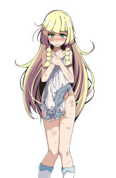 1girl bare_arms bare_shoulders blunt_bangs blush braid bruise collarbone covering_body covering_privates creatures_(company) crying crying_with_eyes_open dress game_freak green_eyes groin injury kneehighs lillie_(pokemon) long_hair looking_at_viewer nintendo no_panties no_pants nude_cover pokemon pokemon_sm see-through sidelocks simple_background socks solo sweat tears torn_clothes torn_dress tsukishiro_saika twin_braids white_background white_dress white_socks  rating:Questionable score:91 user:danbooru