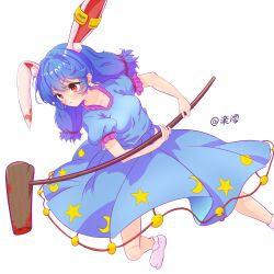  1girl absurdres animal_ear_fluff animal_ears artist_name blood blood_on_ears blood_on_face bloody_weapon blue_dress blue_hair breasts chinese_commentary closed_mouth commentary_request crescent_print dress earclip fighting_stance floppy_ears foot_out_of_frame from_side hair_between_eyes hair_intakes highres holding holding_mallet kagurachiriri long_hair looking_afar mallet medium_breasts no_shoes print_dress puffy_short_sleeves puffy_sleeves rabbit_ears rabbit_girl red_eyes seiran_(touhou) serious short_sleeves simple_background solo star_(symbol) star_print tabi touhou transparent_background v-shaped_eyebrows weapon 