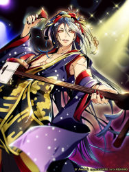  1boy arm_up armpits artist_name bad_id bad_pixiv_id black_hair detached_sleeves english_text eyeliner hair_ornament headdress highres holding holding_instrument instrument japanese_clothes jirou_tachi long_hair long_sleeves looking_to_the_side makeup male_focus music nail_polish open_clothes open_mouth playing_instrument red_nails seklutz shamisen smile solo sparkle tassel teeth touken_ranbu trap wide_sleeves yellow_eyes 