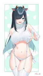  1girl alternate_costume amano_nene_(vtuber) animal_ears asymmetrical_bangs bare_shoulders black_hair blunt_ends blush breasts colored_inner_hair contrapposto cow_ears cow_horns cowboy_shot curvy detached_sleeves garter_straps hair_over_one_eye highres horns large_breasts long_bangs long_hair looking_at_viewer meme_attire multicolored_hair open_mouth panties production_kawaii ribbed_sleeves ribbed_sweater ribbed_thighhighs shima_koume side-tie_panties sideboob signature skindentation solo sweater thighhighs thong turtleneck turtleneck_sweater underboob underwear virgin_destroyer_sweater virtual_youtuber white_garter_straps white_panties white_sweater white_thighhighs 