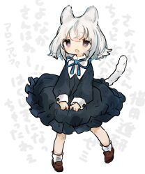  1girl animal_ears azuchi_momo_(artist) black_dress blue_ribbon brown_footwear cat_ears cat_girl cat_tail dress full_body grey_hair highres indie_virtual_youtuber loafers long_sleeves looking_at_viewer medium_hair neck_ribbon open_mouth protected_link purple_eyes ribbon sayonaka_(vtuber) shoes sleeve_cuffs socks solo tail tareme text_background v_arms virtual_youtuber white_background white_socks 