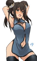  10s 1girl armpits arms_behind_head arms_up blush breasts brown_hair china_dress chinese_clothes cleavage cleavage_cutout clothing_cutout double_bun dress green_eyes highres idolmaster idolmaster_cinderella_girls long_hair looking_at_viewer navel_cutout open_mouth shibuya_rin shift_(waage) simple_background solo sweat thighhighs white_background  rating:Questionable score:13 user:govinda