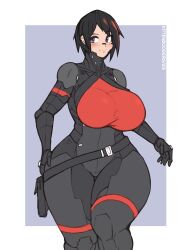  1girl absurdres android belt bodysuit breasts curvy cyborg elster_(signalis) flat_color highres holster huge_breasts kittenboogers short_hair signalis smile solo standing thick_thighs thighs wide_hips 
