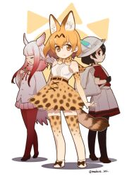  3girls animal_ear_fluff animal_ears backpack bag bare_shoulders bird_tail black_eyes black_gloves black_hair black_pantyhose blonde_hair blunt_bangs bow bowtie breasts center_frills closed_eyes commentary_request elbow_gloves extra_ears frills full_body fur_collar gloves gradient_hair hair_between_eyes hat hat_feather head_wings high-waist_skirt japanese_crested_ibis_(kemono_friends) kaban_(kemono_friends) kemono_friends long_hair looking_at_viewer madara_sai miniskirt multicolored_hair multiple_girls open_mouth pantyhose pink_skirt pleated_skirt print_bow print_bowtie print_gloves print_legwear print_skirt print_thighhighs red_hair red_pantyhose red_shirt serval_(kemono_friends) serval_print shirt short_hair shorts simple_background skirt sleeveless sleeveless_shirt small_breasts smile tail thighhighs twitter_username white_background white_hair white_headwear white_shirt white_shorts wide_sleeves wings yellow_eyes zettai_ryouiki 