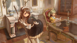  2girls :t ass bent_over book breasts brown_eyes brown_hair candle candlestand commentary giant giantess green_hair kazo_(kazozakazo) large_breasts long_hair maid_headdress multiple_girls original purple_eyes reading reflection smile table thighhighs twintails white_legwear wooden_floor  rating:Sensitive score:49 user:danbooru