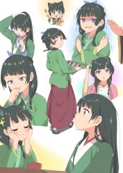  1girl :3 animal_ears blue_eyes blue_ribbon blunt_bangs cat_ears closed_eyes closed_mouth cold commentary_request crossed_arms double_bun full_body green_hair green_kimono hair_bun hair_down hair_ribbon hairdressing hands_on_own_cheeks hands_on_own_face happy highres holding holding_tray japanese_clothes kaai_yuu kimono kusuriya_no_hitorigoto long_hair long_sleeves looking_afar looking_at_viewer looking_back looking_down low_twintails maomao_(kusuriya_no_hitorigoto) mouth_hold multiple_views official_alternate_costume official_alternate_hairstyle paw_pose pink_kimono ponytail profile red_skirt ribbon ribbon_in_mouth shaded_face simple_background skirt smile sparkle standing straight_hair thinking tray trembling twintails upper_body upturned_eyes v-shaped_eyebrows white_background wide_sleeves  rating:General score:13 user:danbooru