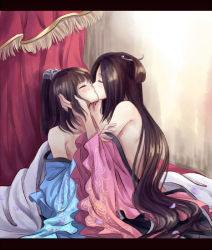 2girls bare_shoulders black_hair closed_eyes collarbone couple curtains hair_ornament hands_on_another&#039;s_face hug kacyu kiss letterboxed long_hair multiple_girls open_clothes original undressing very_long_hair yuri rating:Questionable score:43 user:danbooru