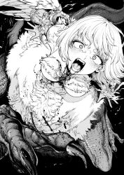  1girl angry black_background blood blood_from_mouth blood_on_chest blood_on_face body_fur breasts chimera claws constricted_pupils dragon_tail dungeon_meshi falin_touden falin_touden_(chimera) fangs feathered_wings feathers from_above greyscale highres looking_at_viewer monochrome monster_girl morimoto_atsushi open_mouth scales short_hair simple_background slit_pupils solo tail talons taur v-shaped_eyebrows wide-eyed wings 