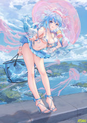  1girl :q armpit_crease atdan bag bare_legs bare_shoulders bikini blue_eyes blue_hair blue_skirt blue_theme breasts cleavage closed_mouth cloud cloudy_sky collarbone day fantasy food front-tie_bikini_top front-tie_top full_body haiyi halterneck halterneck hat high_heels highres holding holding_food ice_cream jellyfish leaning_forward long_hair long_legs long_sleeves looking_at_viewer medium_breasts miniskirt navel off_shoulder open_clothes open_shirt outdoors pleated_skirt revision see-through shadow side-tie_bikini_bottom skirt sky smile solo standing stomach strap_gap string_bikini swimsuit synthesizer_v thighs tongue tongue_out white_bikini  rating:Sensitive score:24 user:danbooru