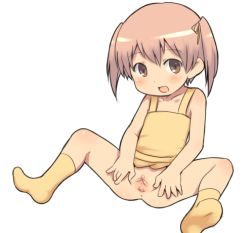  1girl aaaa blush brown_hair clothes_lift dress dress_lift flat_chest loli looking_at_viewer no_panties pussy short_hair socks solo spread_pussy thighs twintails uncensored 