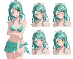  1girl aqua_bikini aqua_hair aqua_sarong bang_dream! bikini blush bow breasts closed_eyes collarbone commentary cowboy_shot embarrassed english_commentary fries_vanquisher green_eyes hair_bow hand_on_own_thigh highres hikawa_sayo holding_own_arm looking_at_viewer multiple_views navel one_eye_closed parted_lips ponytail sarong shadow small_breasts smile stomach swimsuit 