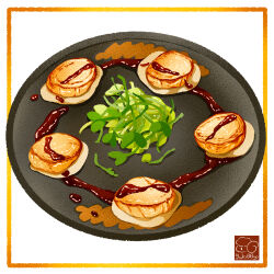  artist_logo fish_(food) food food_focus highres no_humans original plate sauce scallop white_background yuki00yo 