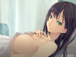10s 1girl afterglow akinashi_yuu bed bed_sheet black_hair breasts brown_hair curtains game_cg green_eyes koi_to_senkyo_to_chocolate looking_at_viewer lying naked_sheet on_back on_bed pov pov_across_bed shinonome_satsuki sideboob smile solo rating:Questionable score:154 user:danbooru