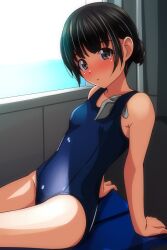  1girl arm_support black_hair blue_one-piece_swimsuit blue_school_swimsuit blush breasts brown_eyes collarbone looking_at_viewer matsunaga_kouyou one-piece_swimsuit school_swimsuit short_hair sitting small_breasts swimsuit window 