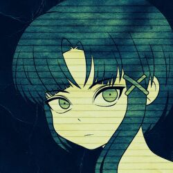  1girl asymmetrical_hair black_hair closed_mouth commentary cryptidhermit frown grey_eyes hair_ornament highres iwakura_lain lined_paper looking_at_viewer paper_texture portrait serial_experiments_lain short_hair single_sidelock solo x_hair_ornament 