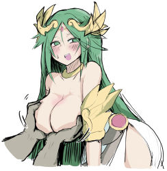  1girl absurdres grabbing_another&#039;s_breast breasts grabbing green_hair highres kid_icarus large_breasts nintendo palutena sweatdrop white-stew  rating:Explicit score:103 user:guhguhguh