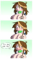  1girl 3koma breasts brown_hair collar comic english_text eyelashes fang female_focus gradient_background green_background huge_breasts lass_(ego_trigger) looking_at_viewer matsu-sensei meme open_mouth original pasties paw_print smile solo spiked_collar spikes topless upper_body 